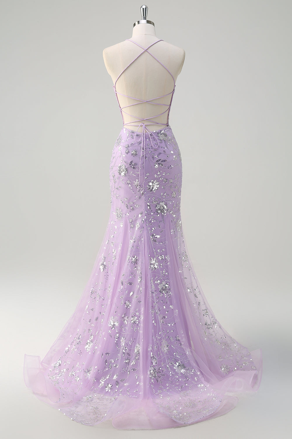 Sequined Lilac Corset Mermaid Prom Dress with Lace-up Back - Image 2