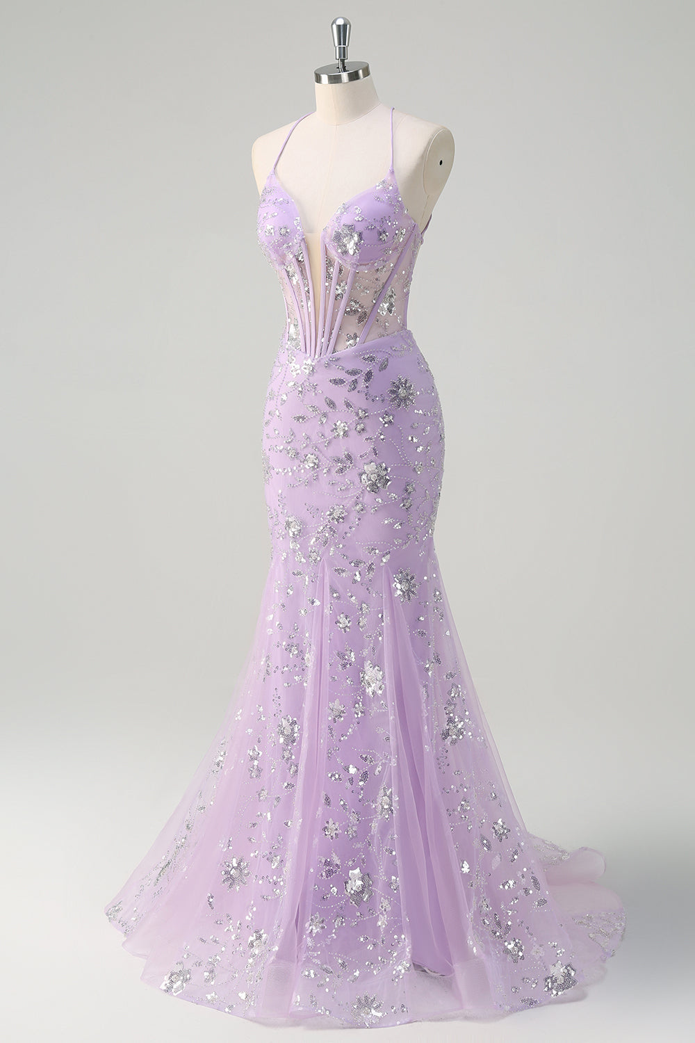 Sequined Lilac Corset Mermaid Prom Dress with Lace-up Back - Image 3