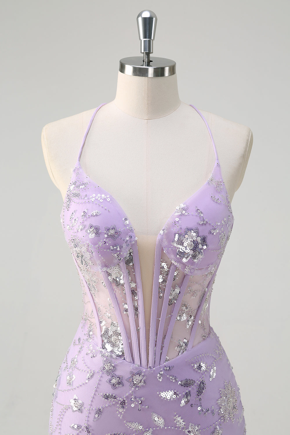 Sequined Lilac Corset Mermaid Prom Dress with Lace-up Back - Image 4