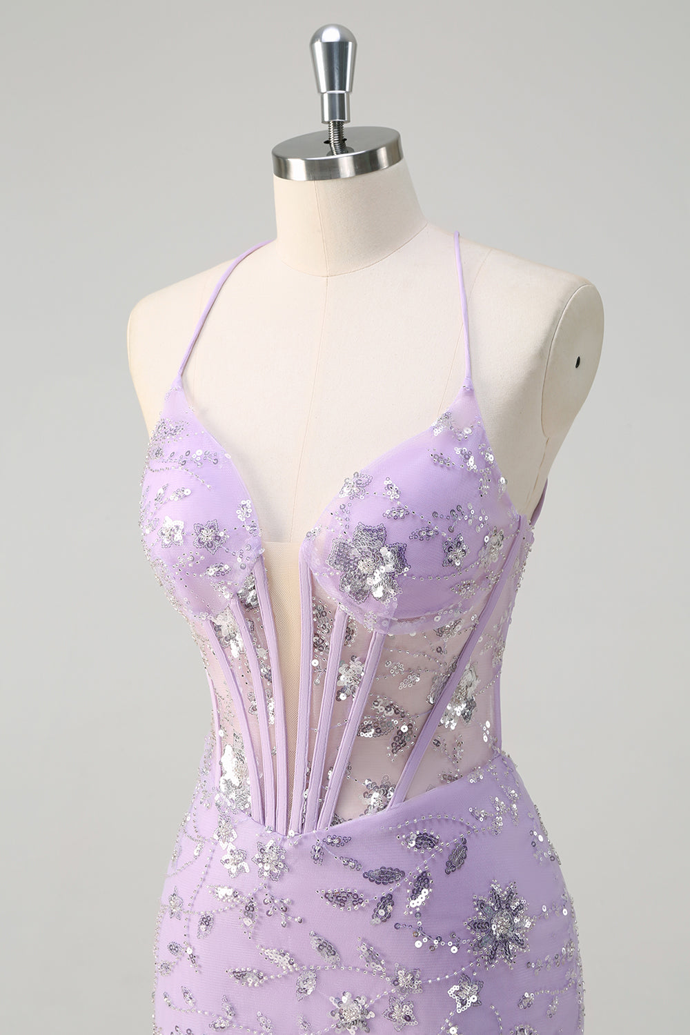 Sequined Lilac Corset Mermaid Prom Dress with Lace-up Back - Image 6