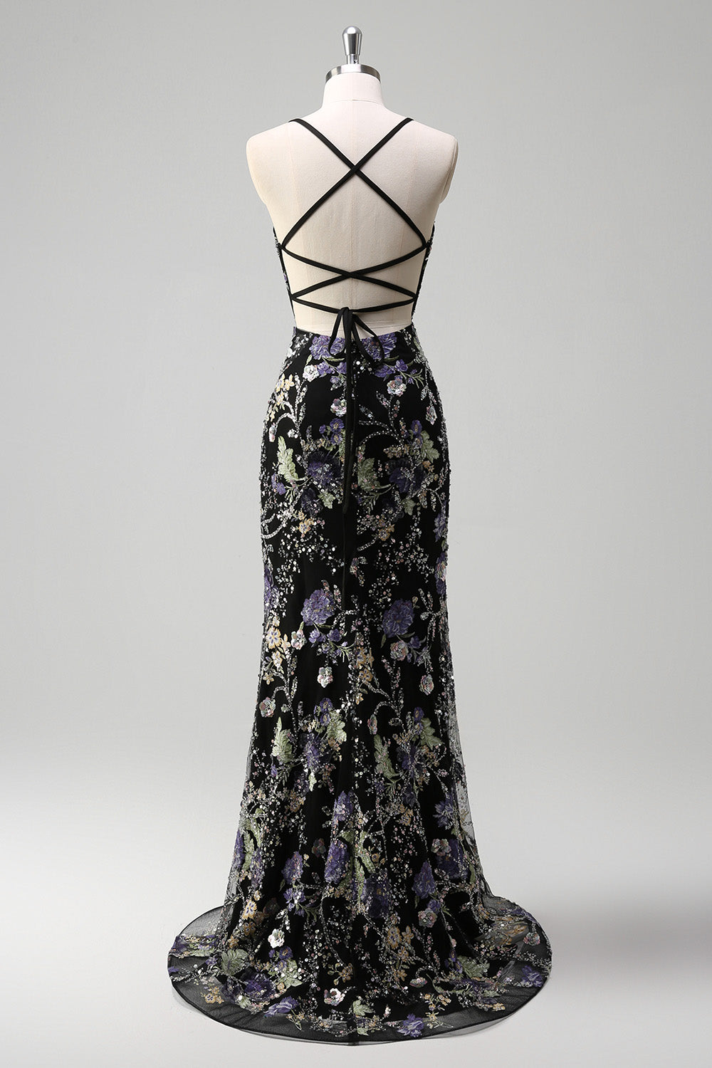 Sequins Mermaid Spaghetti Straps Black Prom Dress with Appliques - Image 2