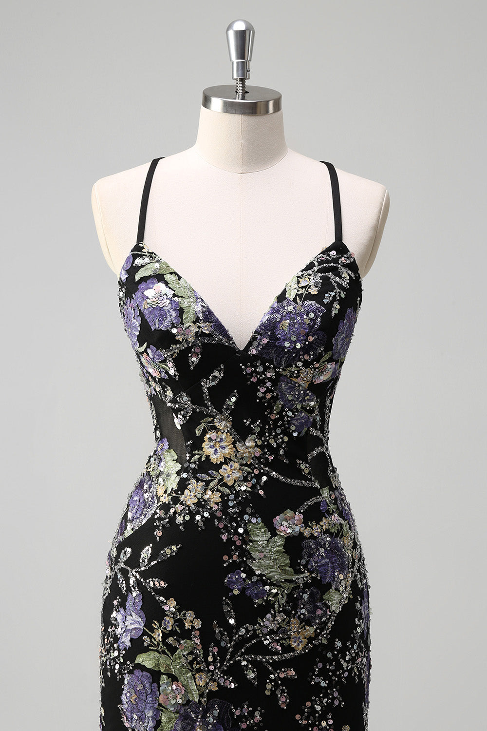 Sequins Mermaid Spaghetti Straps Black Prom Dress with Appliques - Image 6