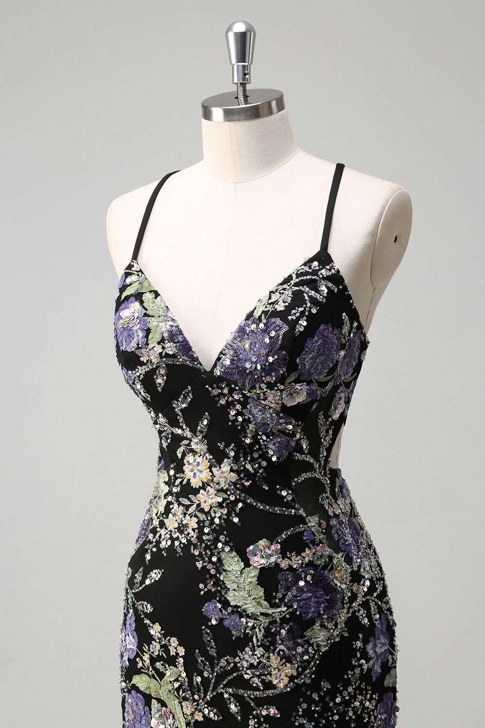 Sequins Mermaid Spaghetti Straps Black Prom Dress with Appliques - Image 8