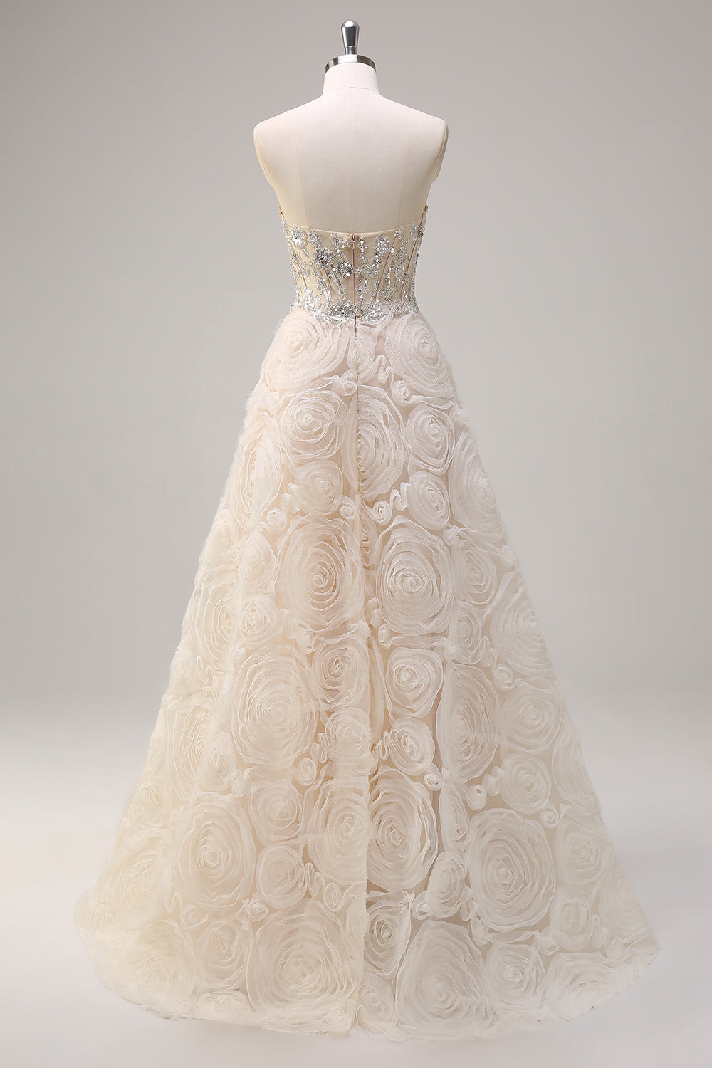 Shallow Champagne Flower A Line Sequined Corset Prom Dress - Image 2