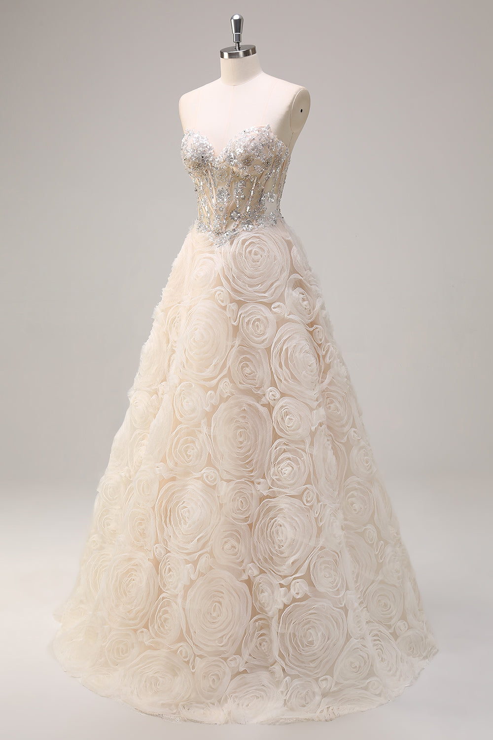 Shallow Champagne Flower A Line Sequined Corset Prom Dress - Image 3