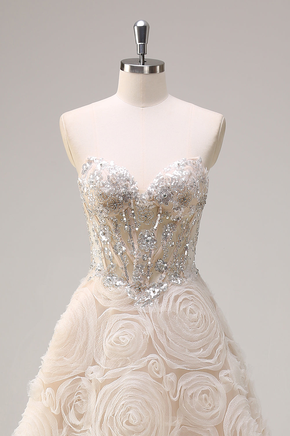 Shallow Champagne Flower A Line Sequined Corset Prom Dress - Image 4