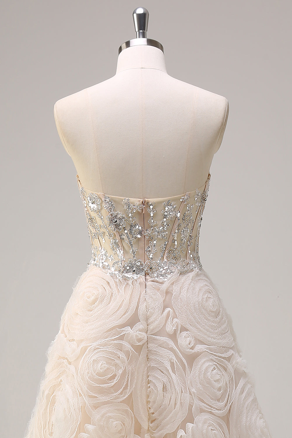 Shallow Champagne Flower A Line Sequined Corset Prom Dress - Image 5