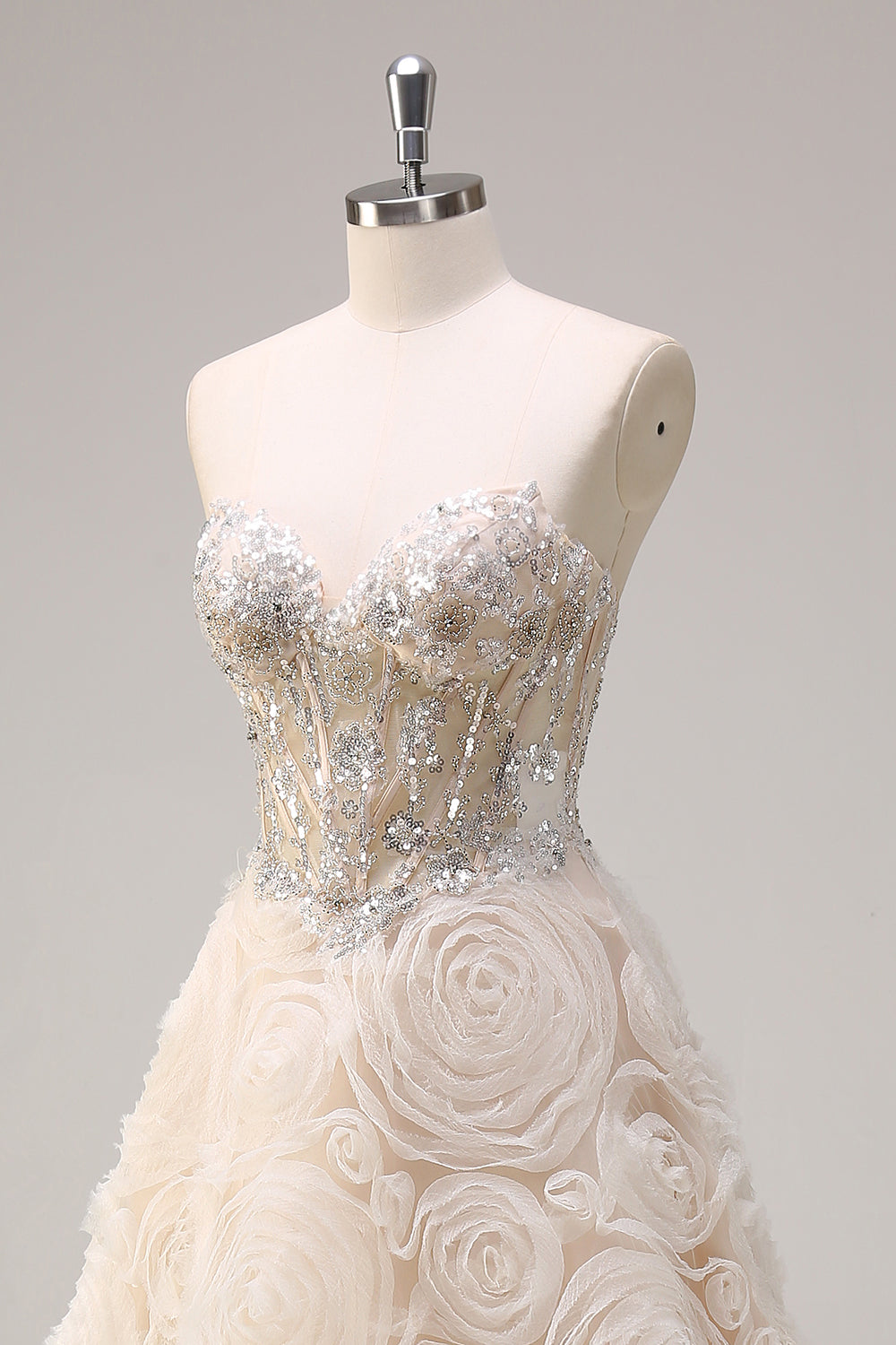 Shallow Champagne Flower A Line Sequined Corset Prom Dress - Image 6