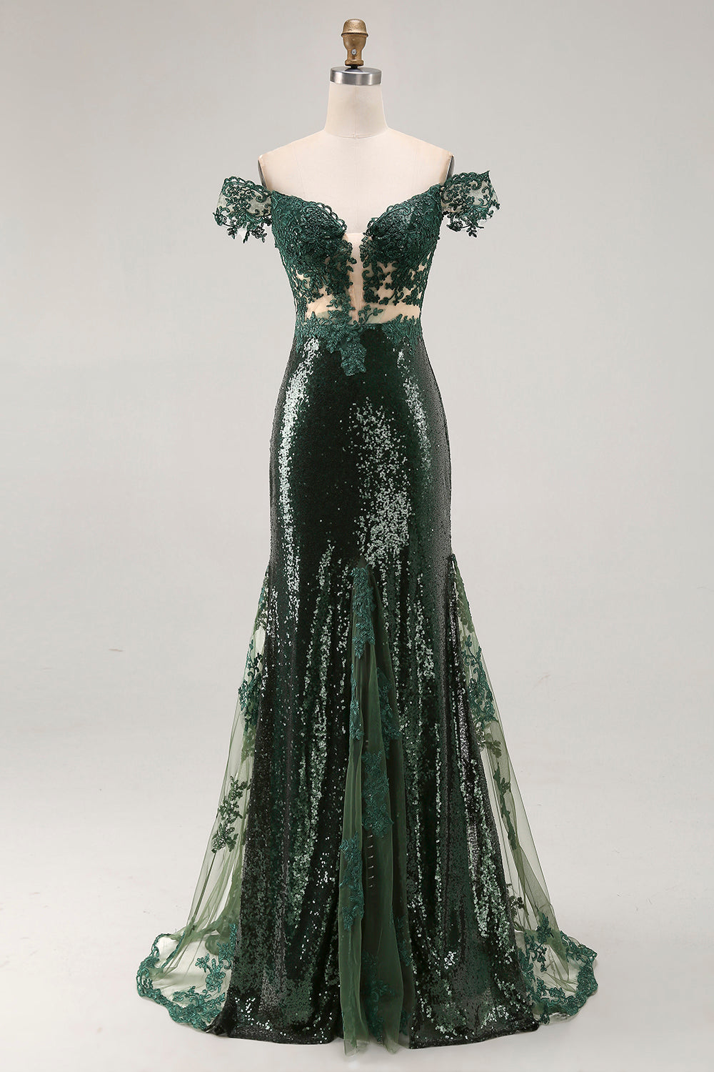 Sequined Off the Shoulder Mermaid Dark Green Prom Dress - Image 3
