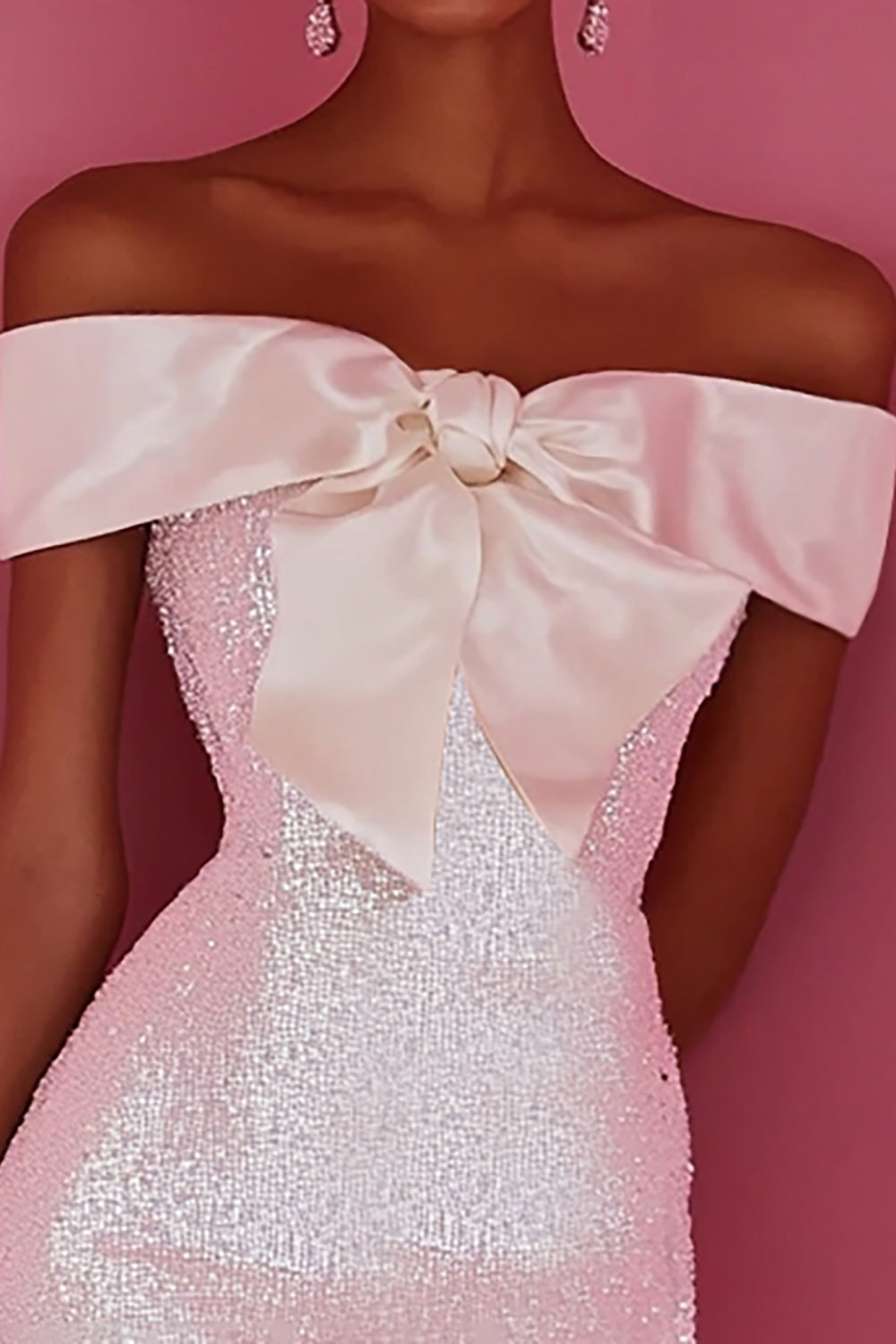 Sequin White Off The Shoulder Bow Short Graduation Dress - Image 2