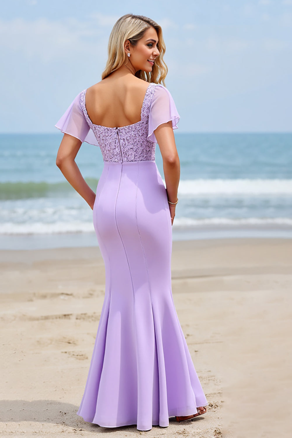 Sheath Flutter Sleeve Appliqued Lilac Bridesmaid Dress with Slit - Image 2