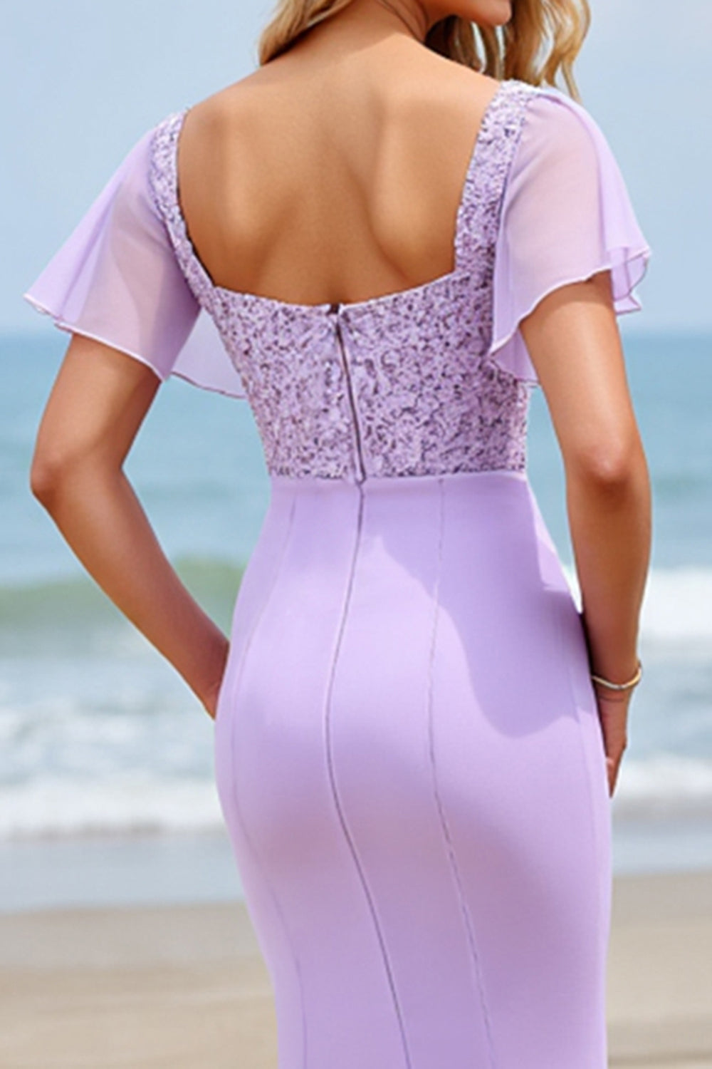 Sheath Flutter Sleeve Appliqued Lilac Bridesmaid Dress with Slit - Image 4