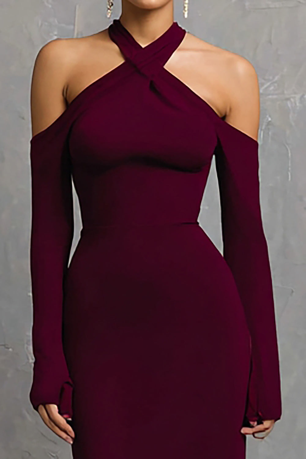 Sheath Halter Burgundy Evening Dress with Long Sleeves - Image 2