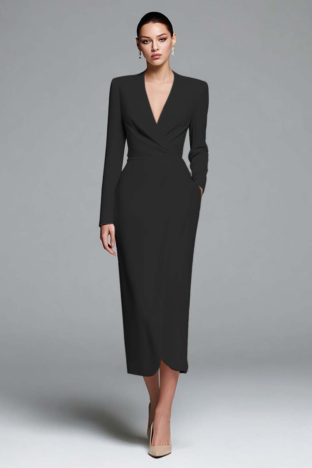 Ivory Sheath V-Neck Work Dress With Long Sleeves - Image 3