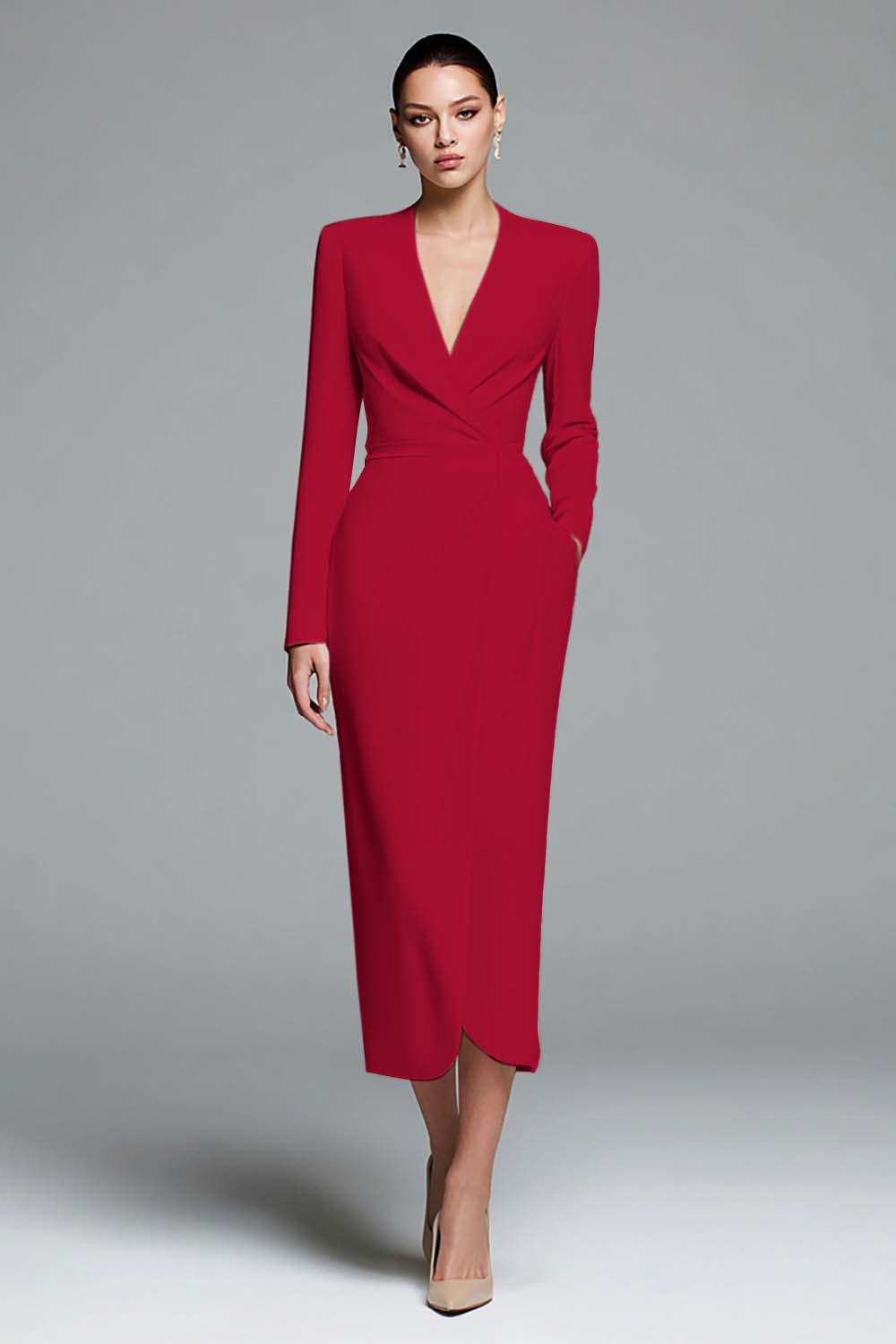 Ivory Sheath V-Neck Work Dress With Long Sleeves - Image 4
