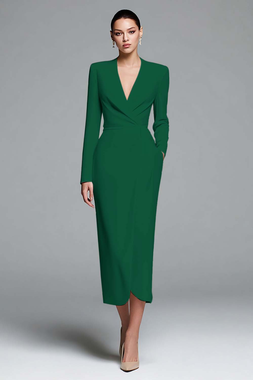 Ivory Sheath V-Neck Work Dress With Long Sleeves - Image 5