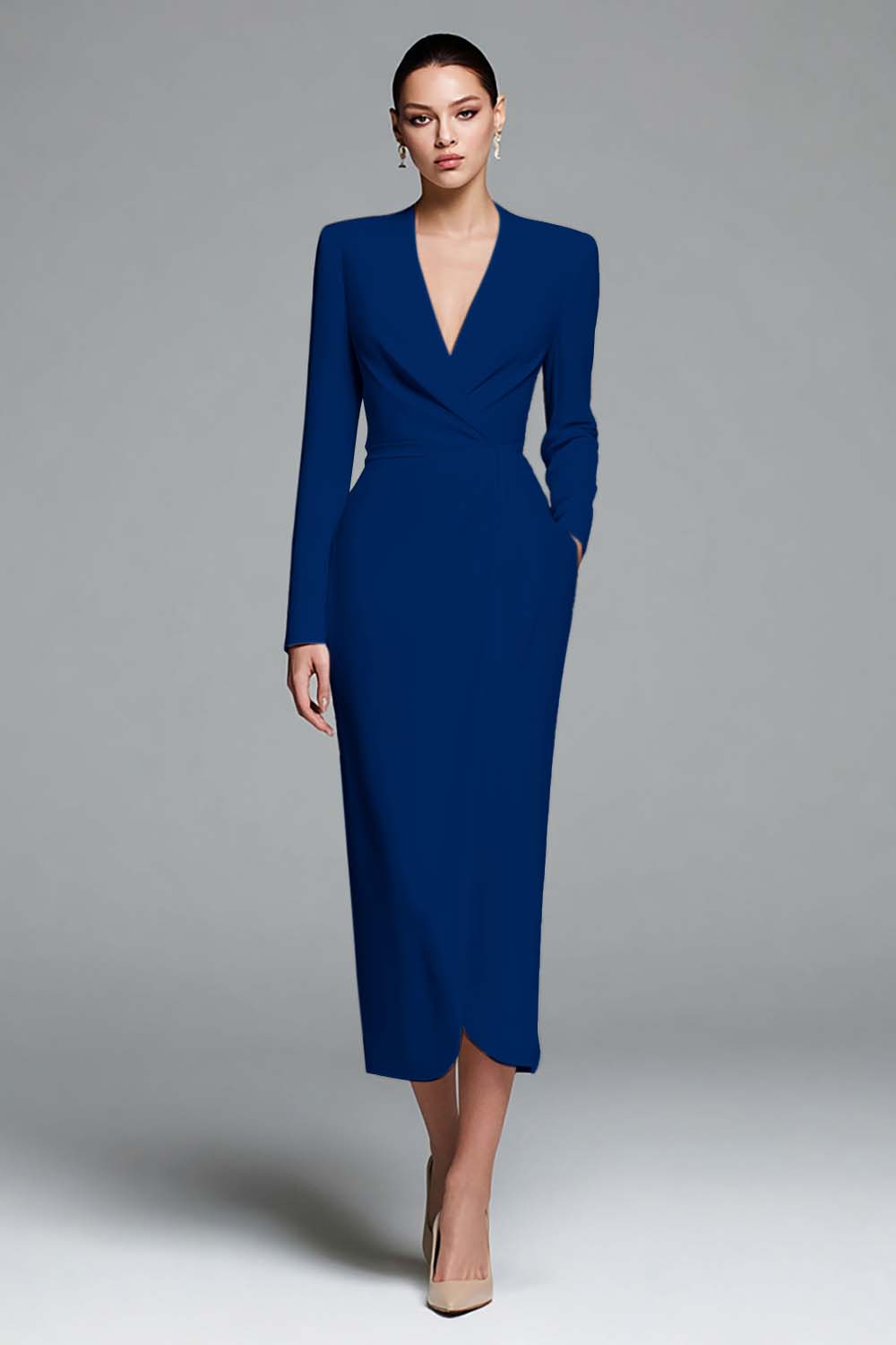 Ivory Sheath V-Neck Work Dress With Long Sleeves - Image 9