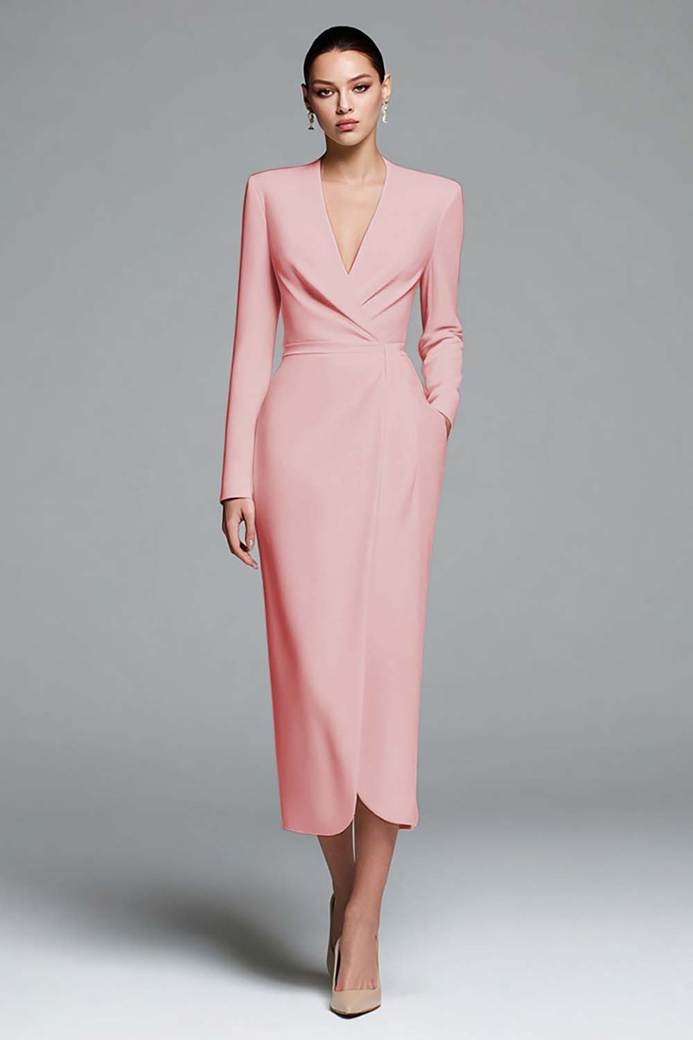 Ivory Sheath V-Neck Work Dress With Long Sleeves - Image 6
