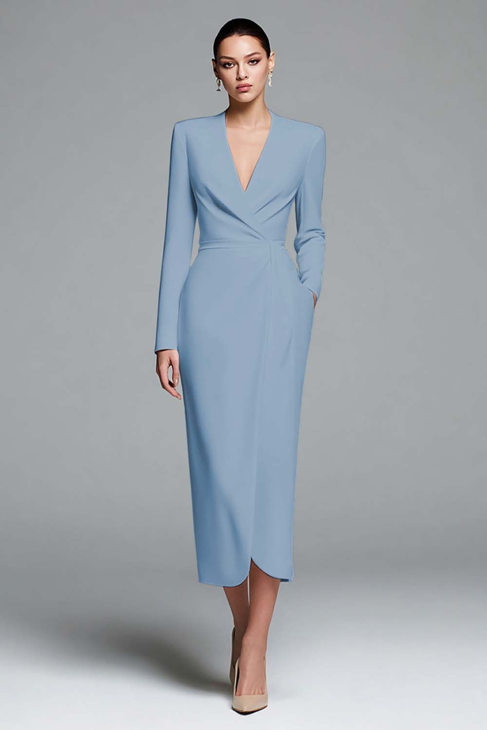 Ivory Sheath V-Neck Work Dress With Long Sleeves - Image 7