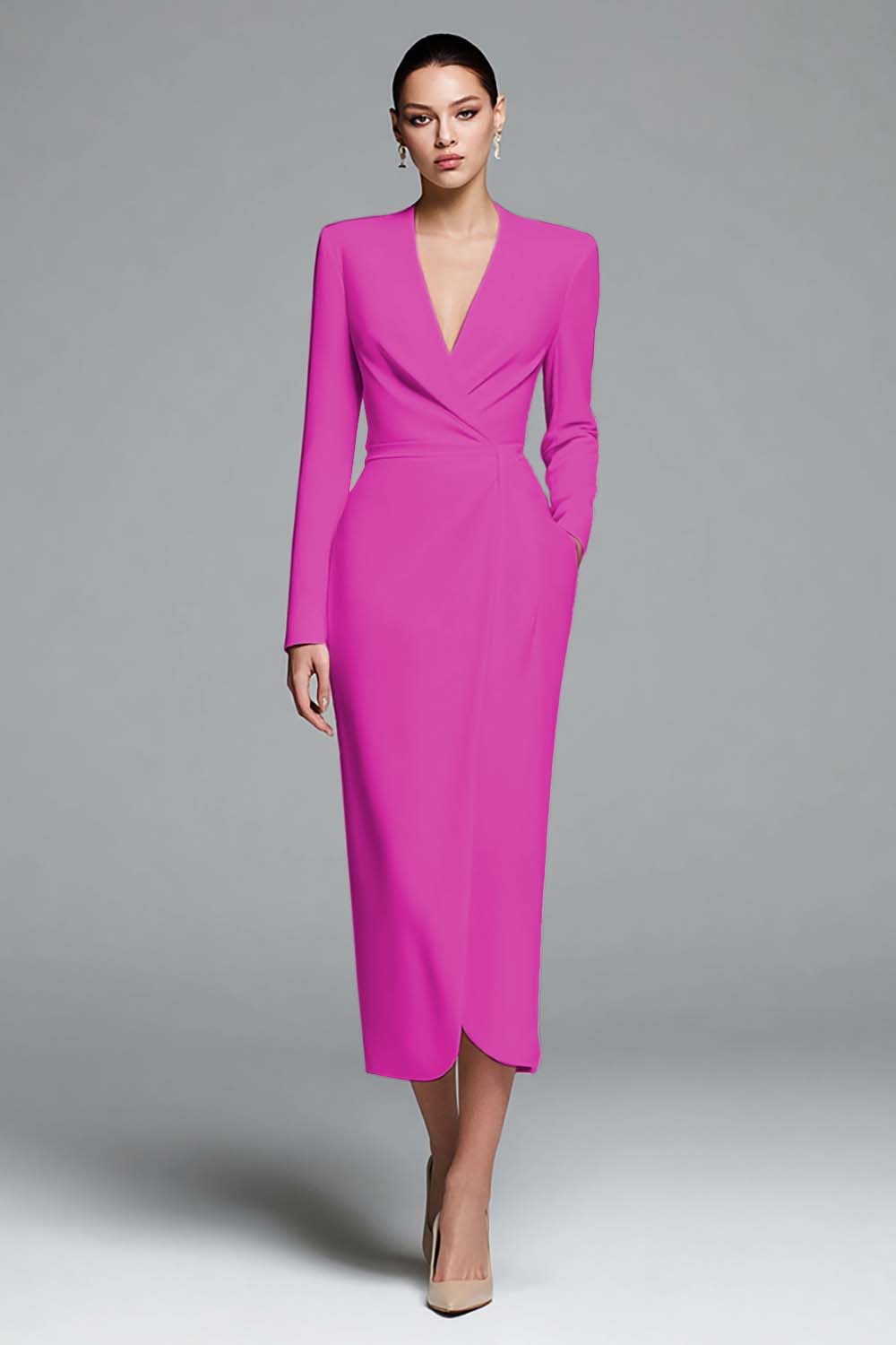Ivory Sheath V-Neck Work Dress With Long Sleeves - Image 10