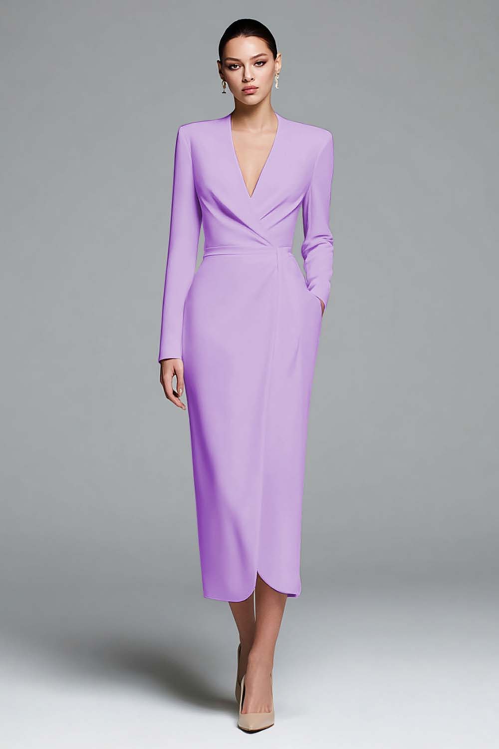 Ivory Sheath V-Neck Work Dress With Long Sleeves - Image 8