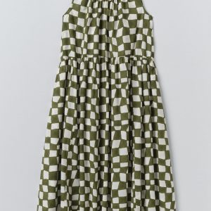 Block Print Warp Check Sleeveless Dress | Olive