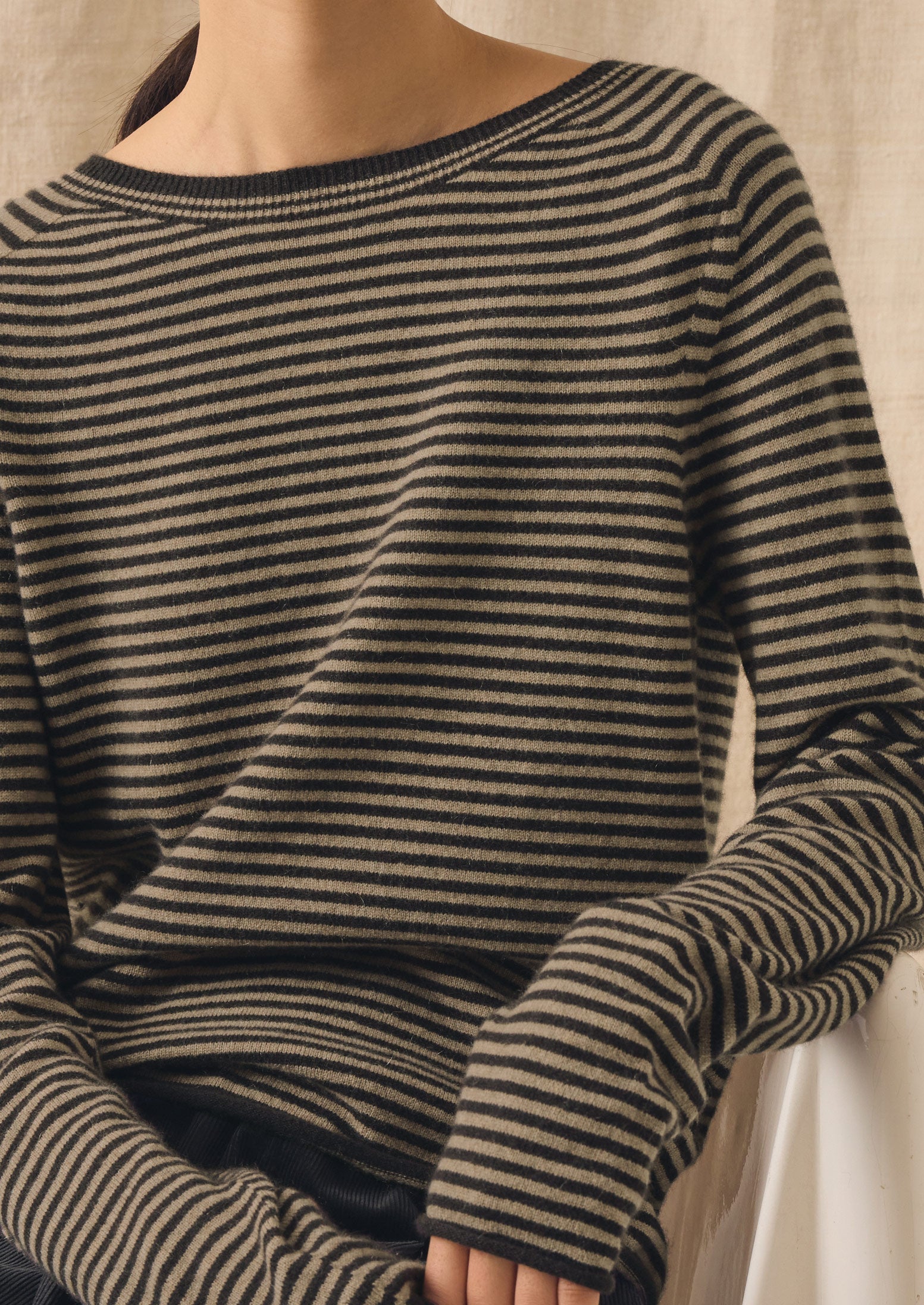 Stripe Wool Cashmere Neat Sweater | Brown Umber/Biscuit - Image 2