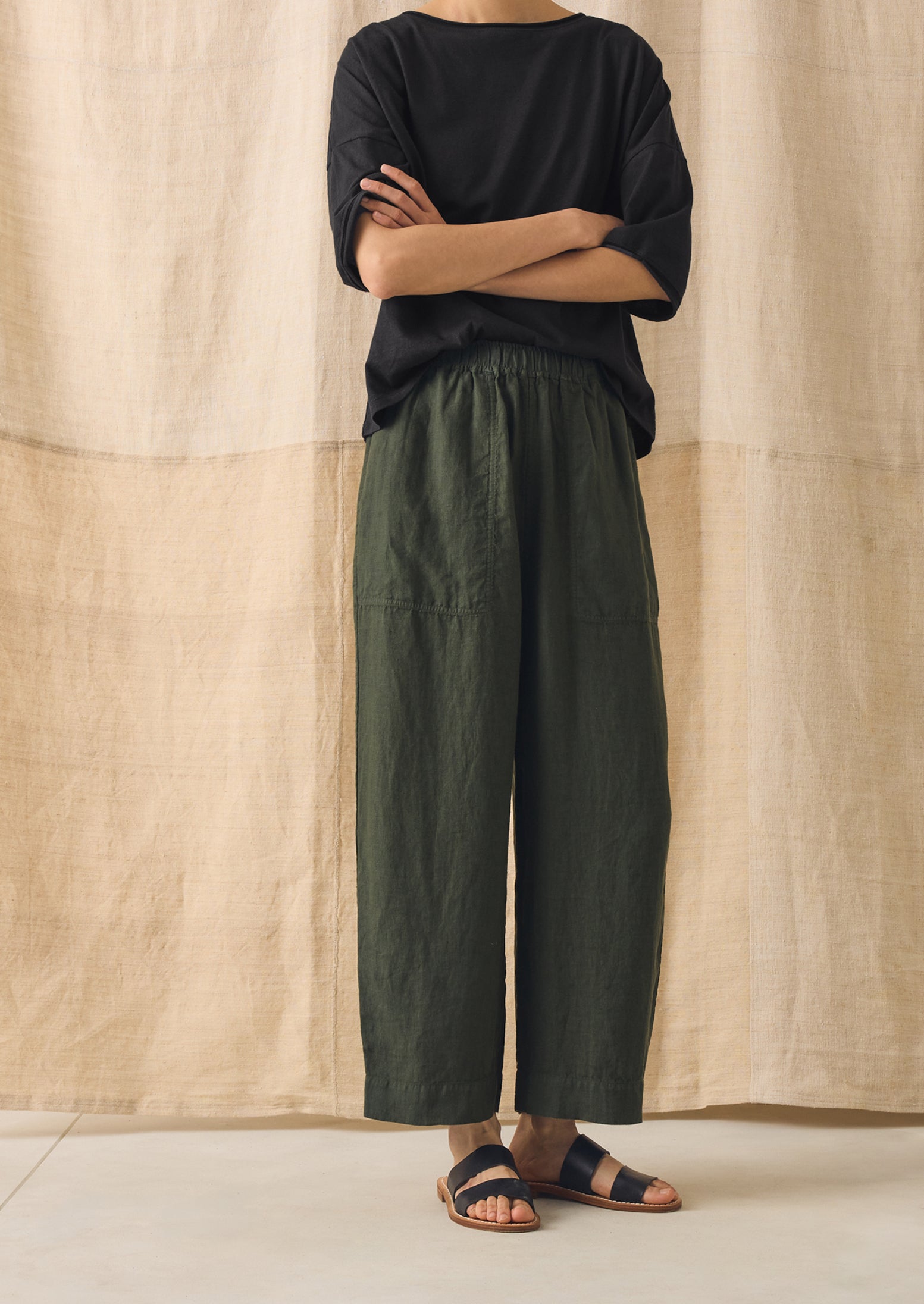 Garment Dyed Linen Barrel Leg Pants | Dark Olive - Image 2