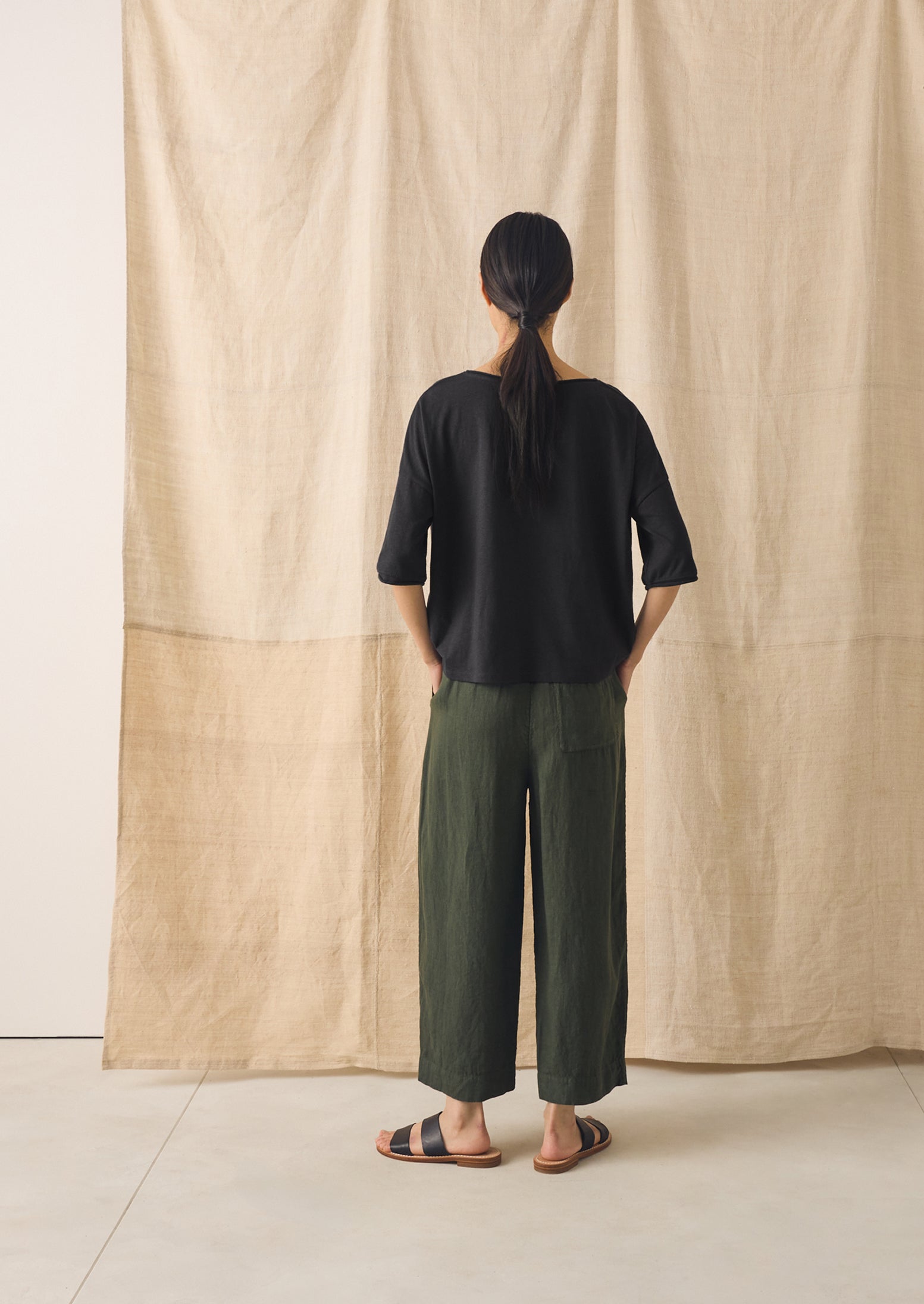Garment Dyed Linen Barrel Leg Pants | Dark Olive - Image 4