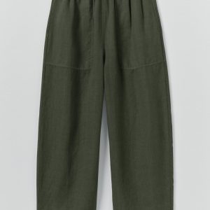 Garment Dyed Linen Barrel Leg Pants | Dark Olive