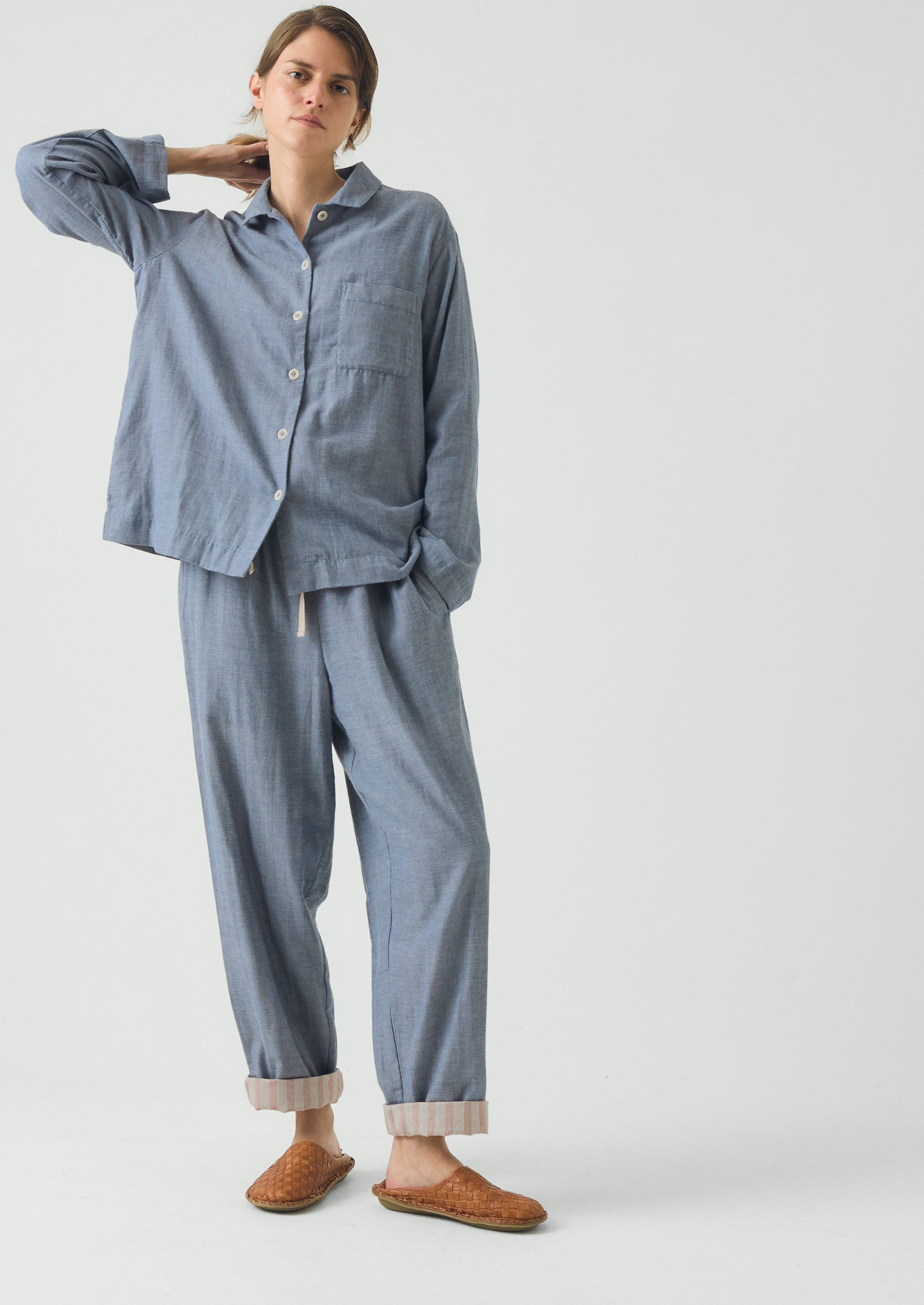 Soft Double Faced Cotton Pajamas | Blue Chambray - Image 2