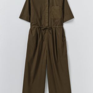 Wide Leg Cotton Poplin Jumpsuit | Bronze Green