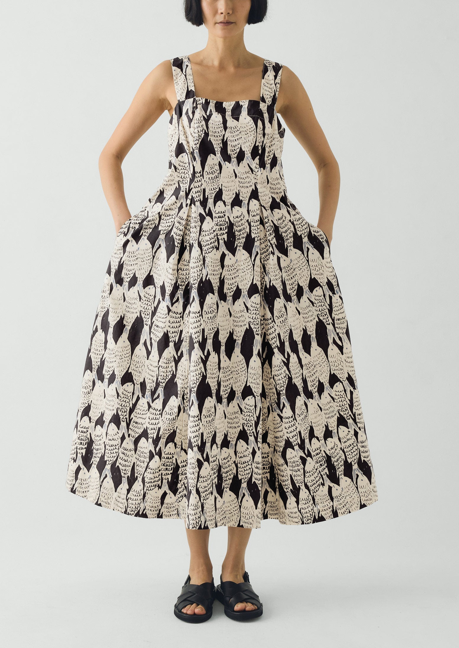 Market Fish Print Cotton Poplin Dress | Slate - Image 3