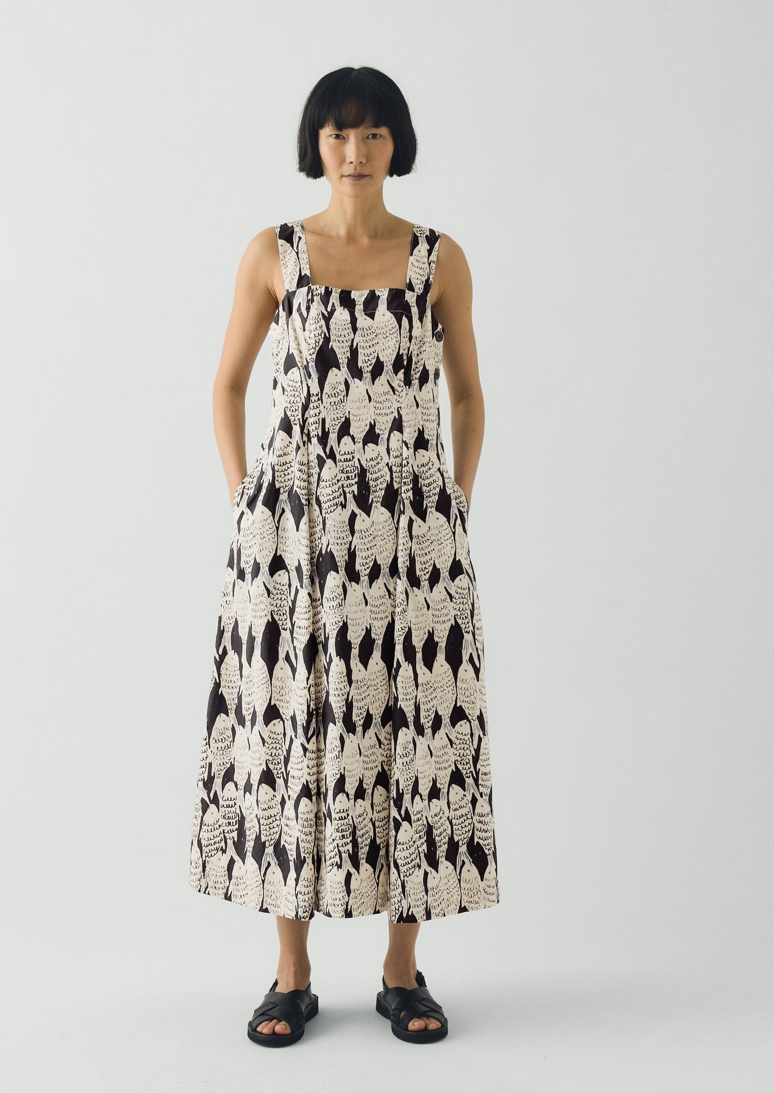 Market Fish Print Cotton Poplin Dress | Slate - Image 5