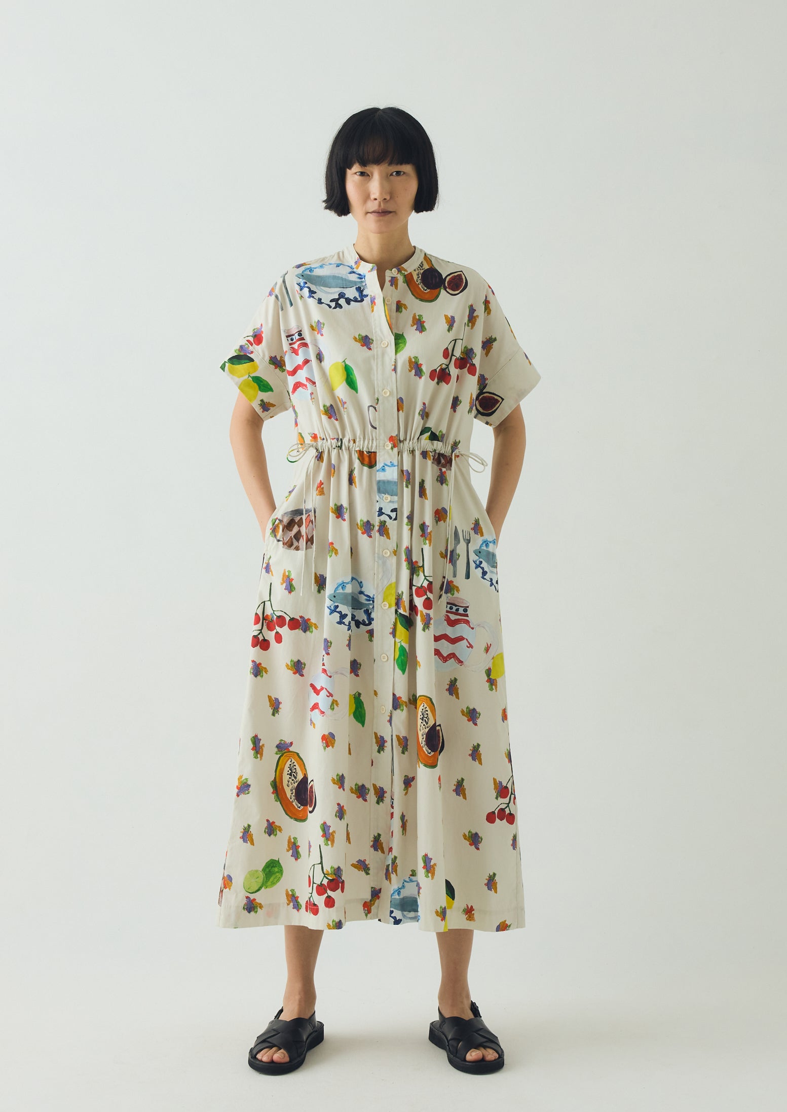 Table Setting Print Cotton Dress | Ecru Multi - Image 3
