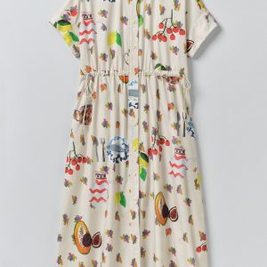 Table Setting Print Cotton Dress | Ecru Multi