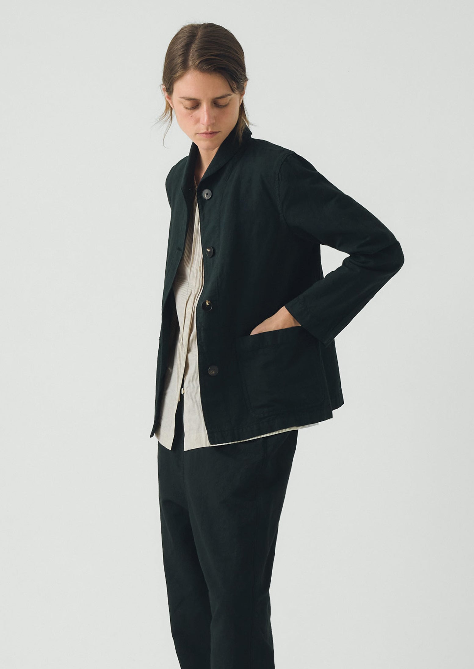 Hal Micro Houndstooth Cotton Linen Workwear Jacket | Oil Green - Image 2