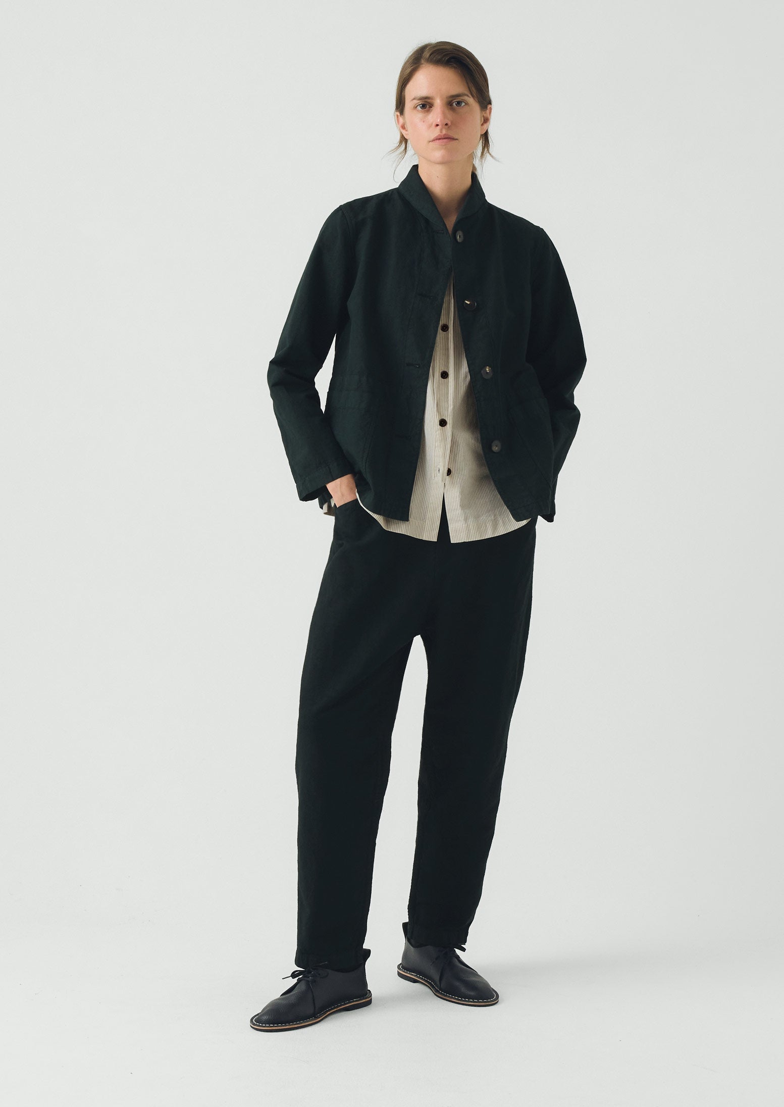 Hal Micro Houndstooth Cotton Linen Workwear Jacket | Oil Green - Image 3