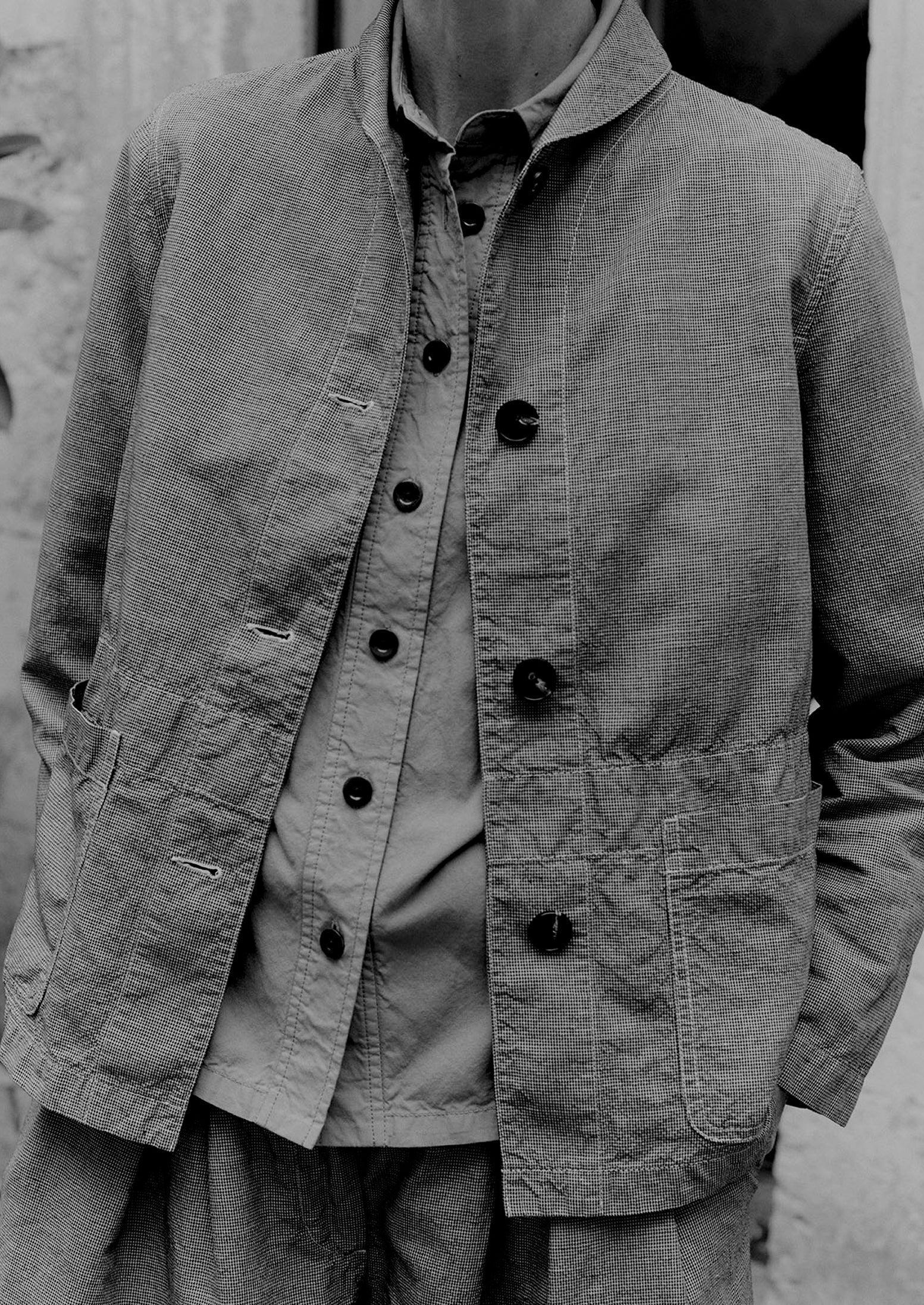 Hal Micro Houndstooth Cotton Linen Workwear Jacket | Oil Green - Image 7