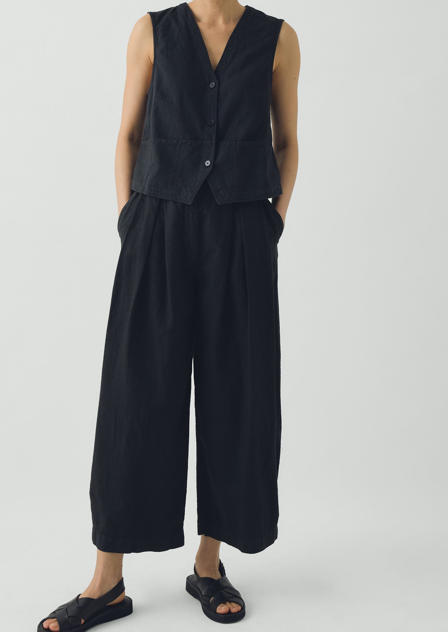 Carys Cotton Linen Canvas Wide Leg Pants | Soft Black - Image 3