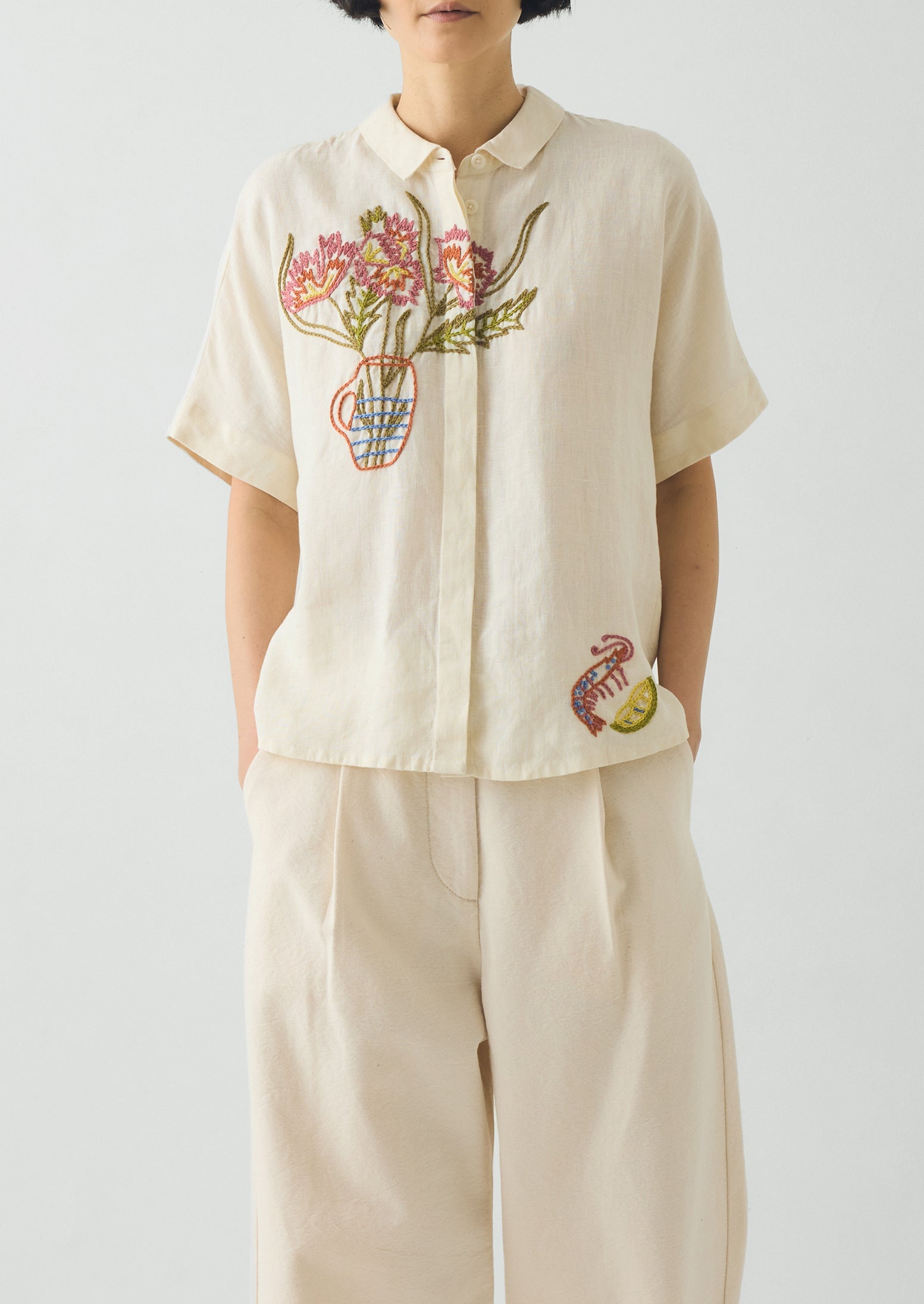 Embroidered Al Fresco Linen Shirt | Lemon Posset - Image 8