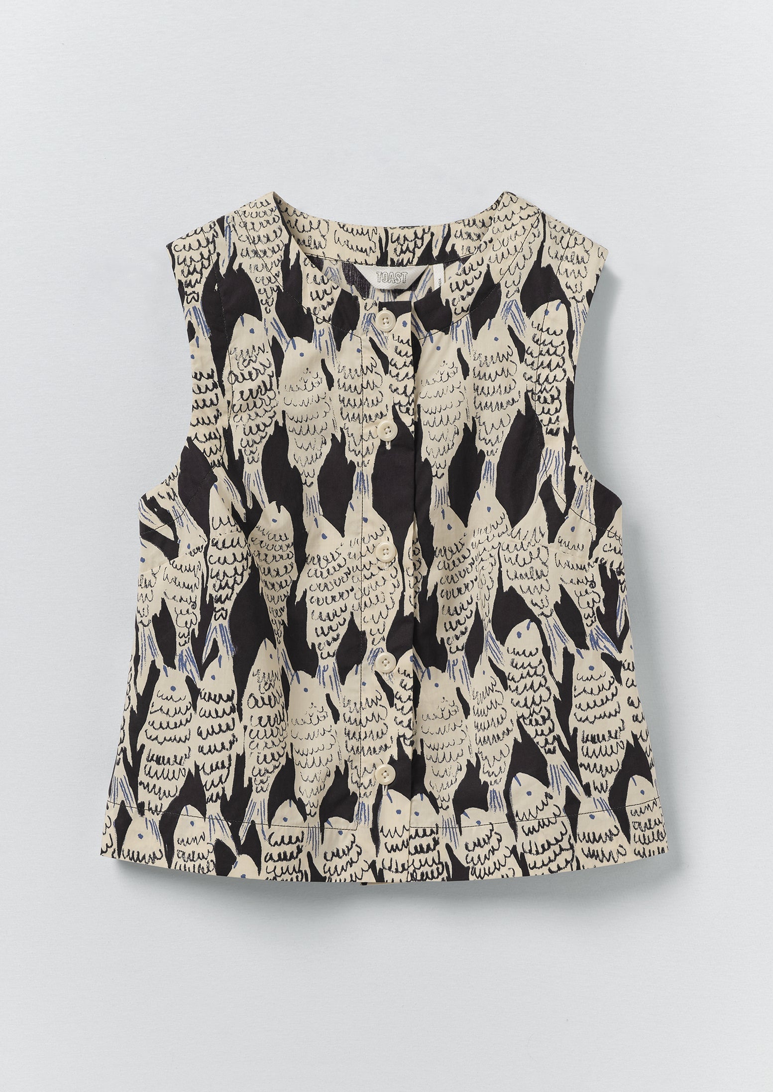 Market Fish Print Cotton Poplin Top | Slate